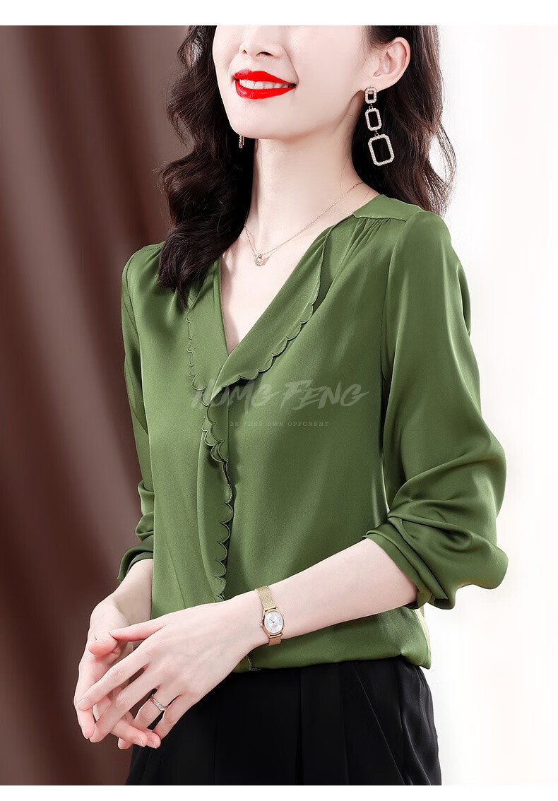 humgfeng品牌女装衬衫女长袖2022夏季新款时尚花边缎面小衫上衣红色m