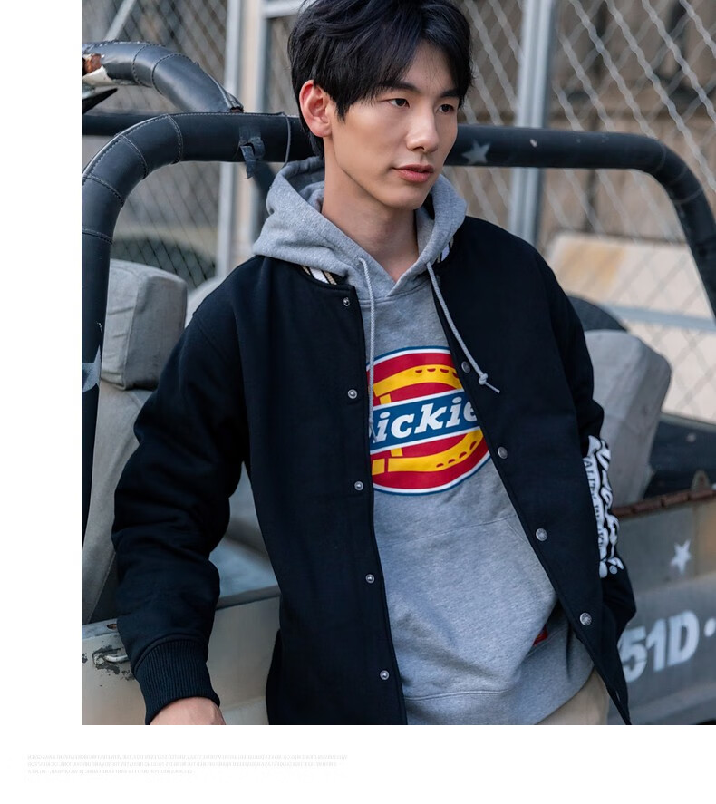 dickies左袖字母印花抓绒充棉棒球夹克秋冬新品厚外套男dk008131军