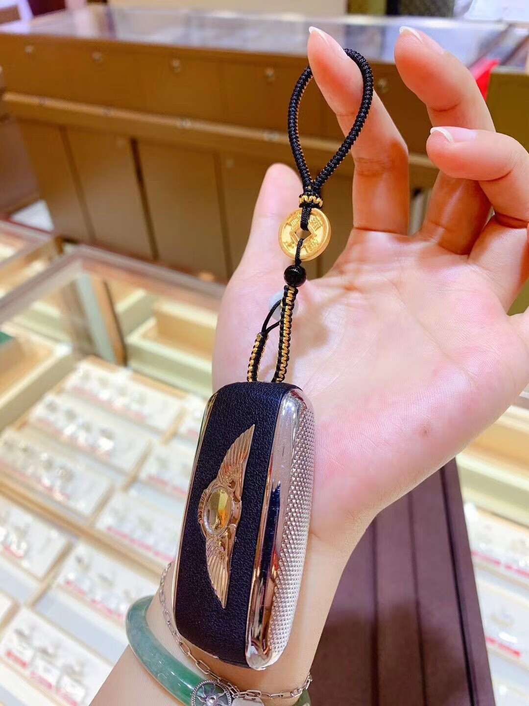 圣岚 足金999钱币车钥匙扣黄金五帝币车挂件3d硬金编绳diy情侣礼物