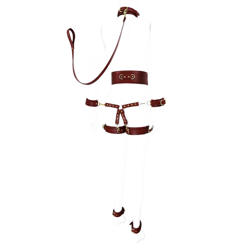 hottime亮皮革颈套腰腿脚手铐全身捆绑束缚套装sm情趣用品男女用器具