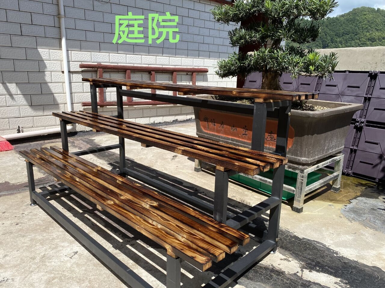 阳台阶梯花架室外铁艺多层花盆架盆栽多肉花架子庭院防腐木置物架3层