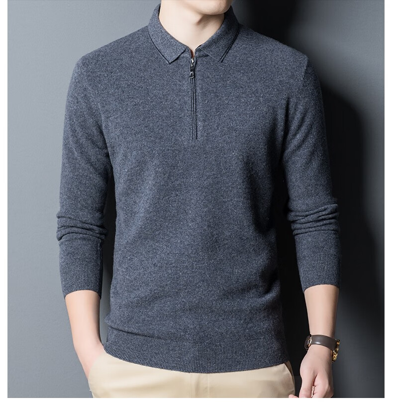 恒源祥男士羊毛衫秋冬款纯羊毛翻领爸爸冬装毛衣男中年加厚款上青夹花