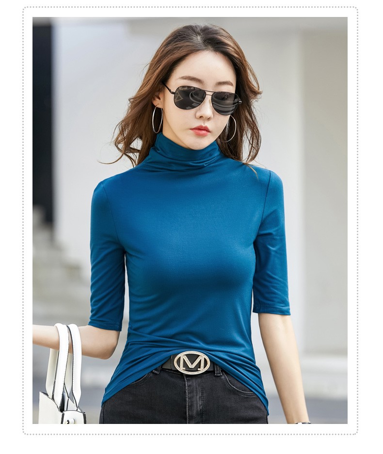 衣领飘飘高领五分短袖t恤女装夏天新款时尚修身春装中袖女生衣服体