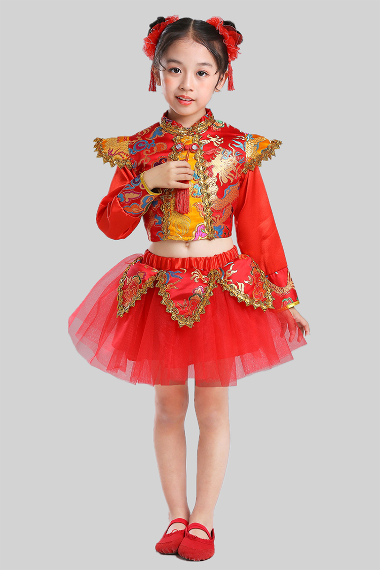 儿童开门红喜庆演出服男女童中国风打鼓服幼儿说唱中国红舞蹈服装纱裙