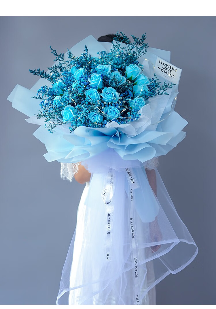 19朵皂花粉玫瑰满天星【贺卡 彩灯】幽