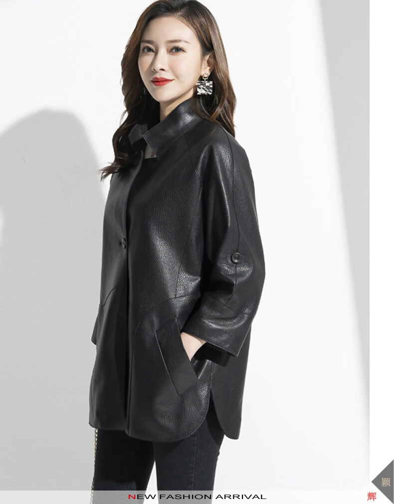 皮中长款女士上衣七分袖春秋冬新款时尚韩版女大衣黑色m115斤以下可穿