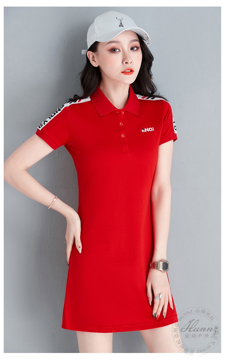 hunnz品牌运动网球裙女夏季2022新款polo领中长款连衣裙短袖羽毛球裙