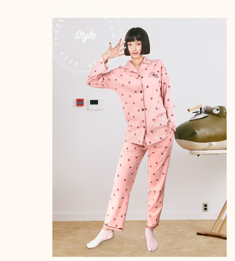 三枪睡衣女秋冬新品印花纯棉舒肤棉翻领开襟女家居套装长袖长裤柔粉l