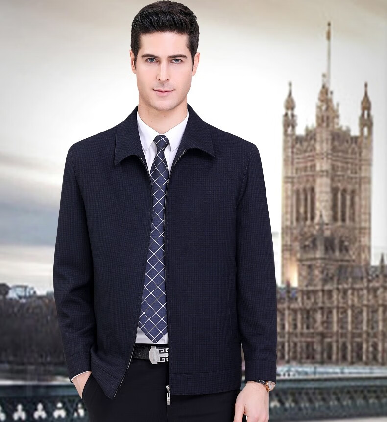 秋上新香港老爷车男装夹克男中年翻领格子外套高档大牌中老年爸爸装