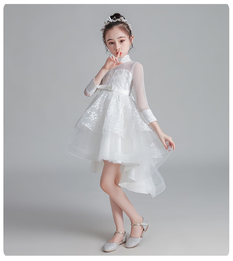 小风车彩虹女童公主裙婚礼花童长袖婚纱裙2020秋冬装儿童前短后长燕尾