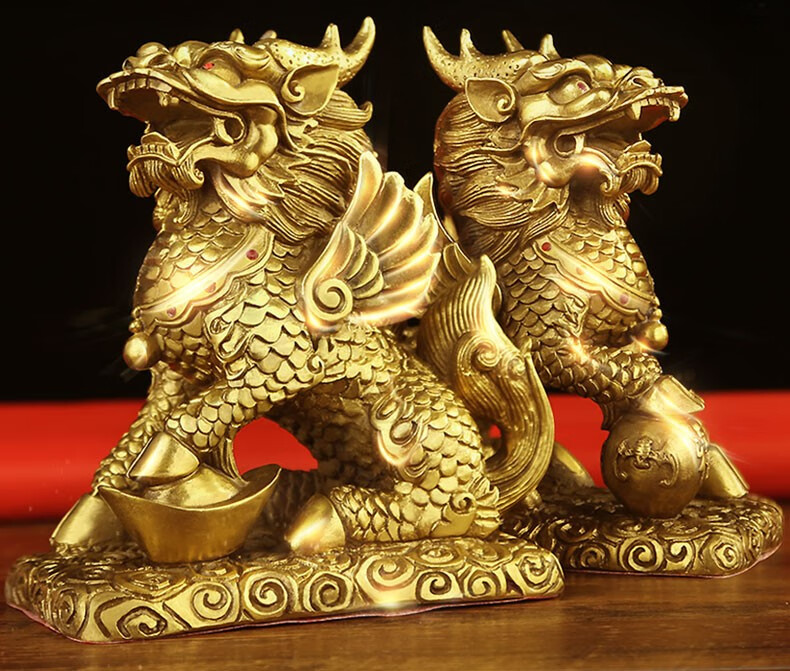 康聚如 全铜麒麟瑞兽摆件一对客厅玄关家居办公室乔迁开业风水装饰