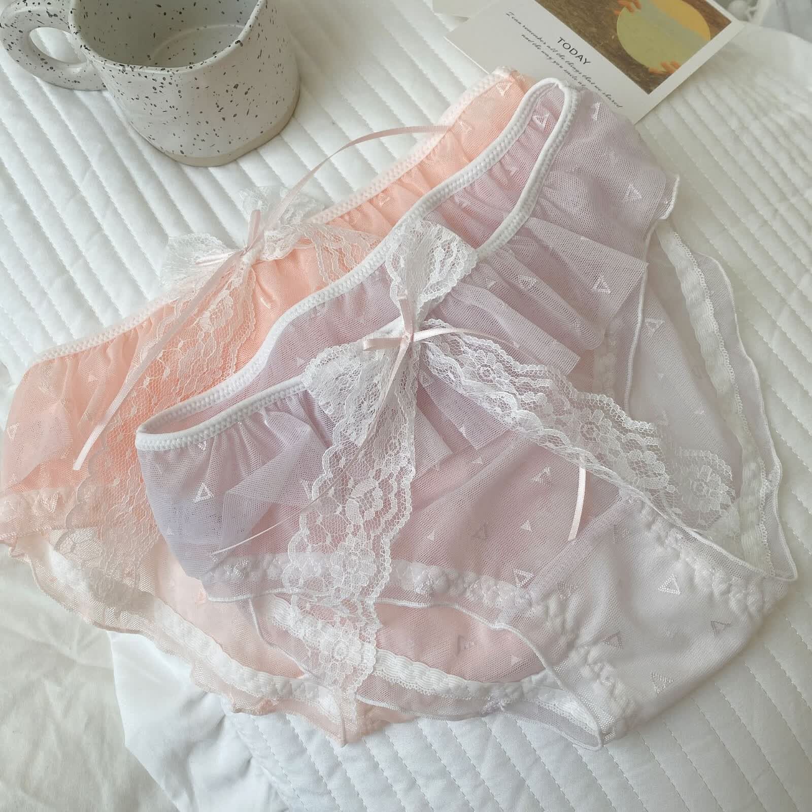 内裤女网纱蕾丝双层大蝴蝶结性感俏皮又纯又欲中腰女士三角裤公主仙女