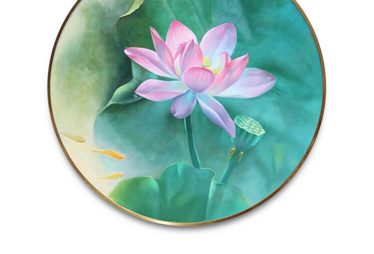 汉宫手绘油画荷花高档唯美新中式客厅餐厅玄关装饰画圆形莲花鲤鱼背景