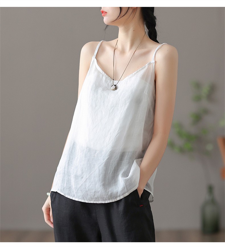 吊带女薄款文艺范苎麻背心女夏新款宽松漂亮露肩无袖打底上衣白色均码