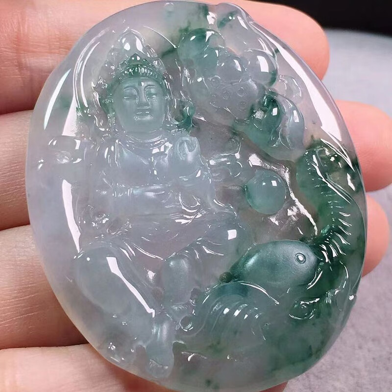 绿翠天成翡翠冰飘绿普贤菩萨吊坠缅甸a货翡翠玉石送老公送爸爸生日