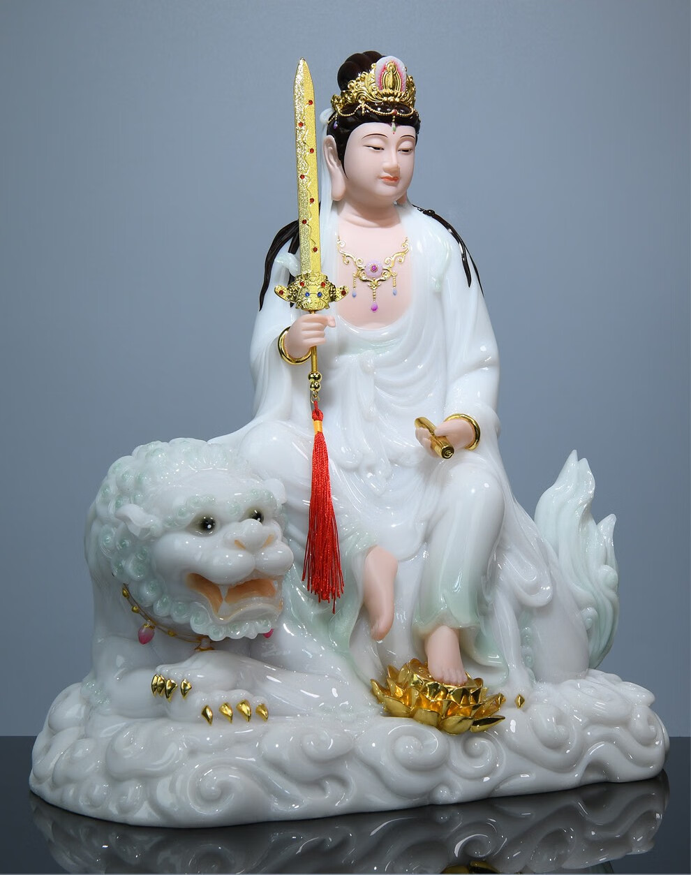 益心阁 汉白玉天青色文殊菩萨佛像居家供奉普贤家用摆件神像 普贤菩萨