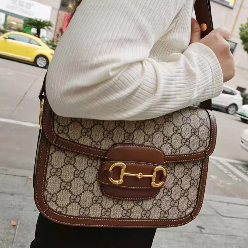 二手99新gucci古驰马鞍包1955小号老花logo帆布拼皮单肩斜挎包尺寸