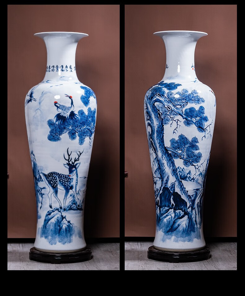 倾尚玉磁(qonsonyci) 景德镇陶瓷器花瓶摆件手绘青花鹿鹤同春落地大