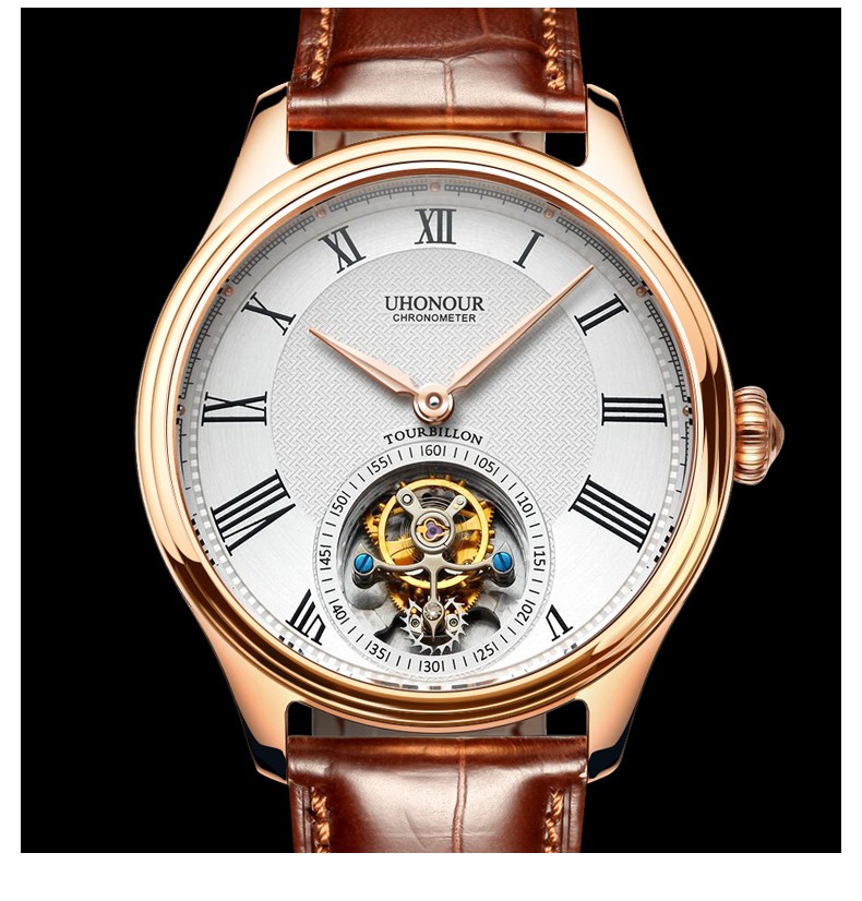 瑞士宇赫表uhonour真陀飞轮手表男表机械表男士腕表鳄鱼皮带蓝宝石