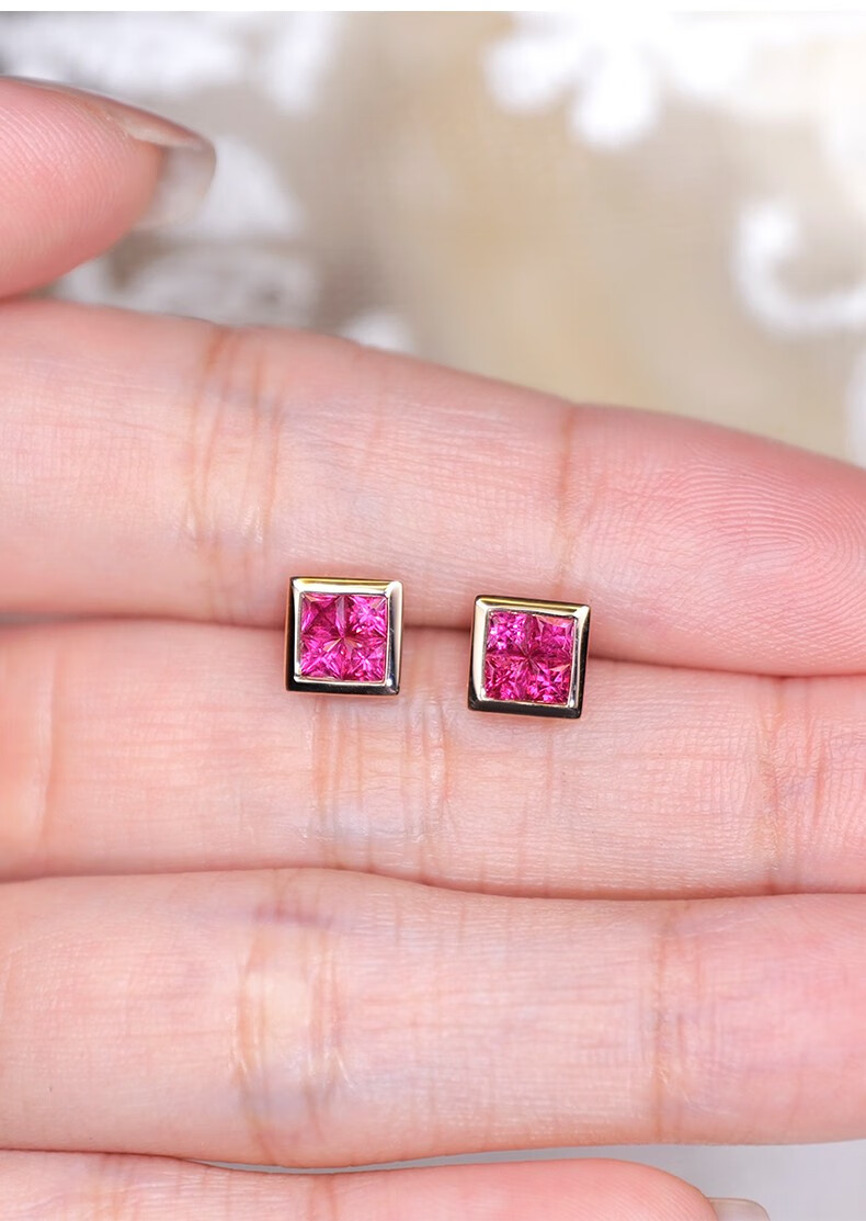 goodland珠宝天然红宝石耳钉女18k玫瑰金方形简约耳饰设计感个性耳环
