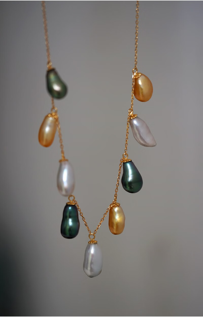 vc18k金巴洛克海水珍珠无核keshi野生大溪地黑珍珠南洋金珠澳白珠项链