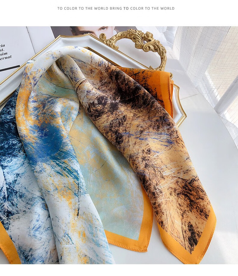 fdigors真丝丝巾女杭州丝绸春夏新款小方巾女涂鸦水彩画桑蚕丝围巾女