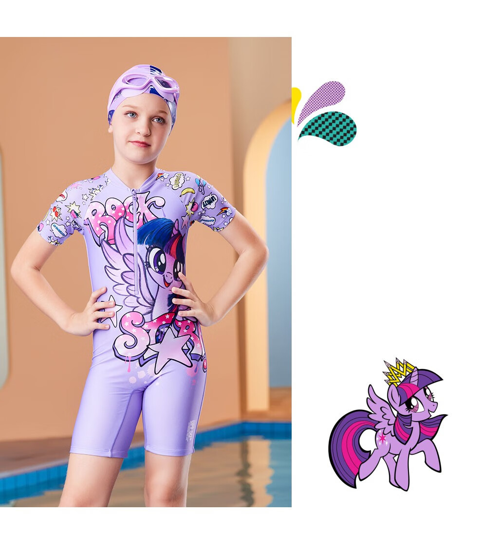 洲克zoke儿童泳衣连体平角游泳训练小马宝莉沙滩度假游泳衣玫红小马宝