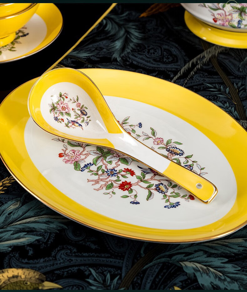 樱霓景德镇骨瓷餐具珐琅彩中国风釉上彩陶瓷餐具套装金边骨瓷碗碟套装