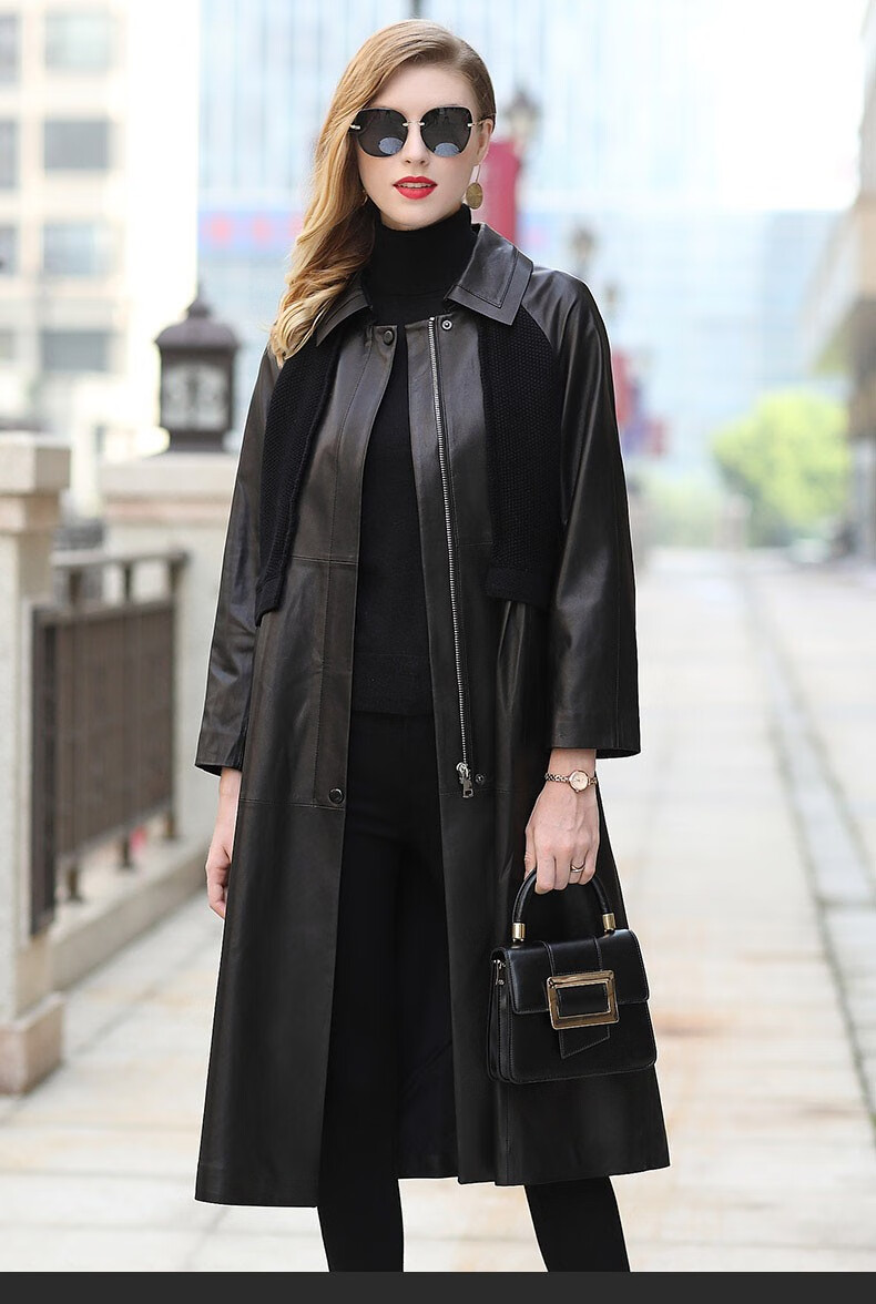 欧迪鸟(odybird)品牌真皮风衣女中长款2020秋季新款休闲针织拼绵羊皮