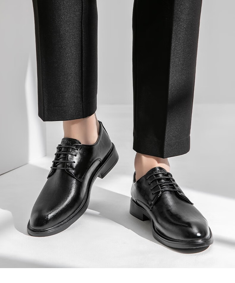 kaiser凯撒英伦商务正装皮鞋男头层牛皮套脚爸爸大头休闲鞋真皮黑色38