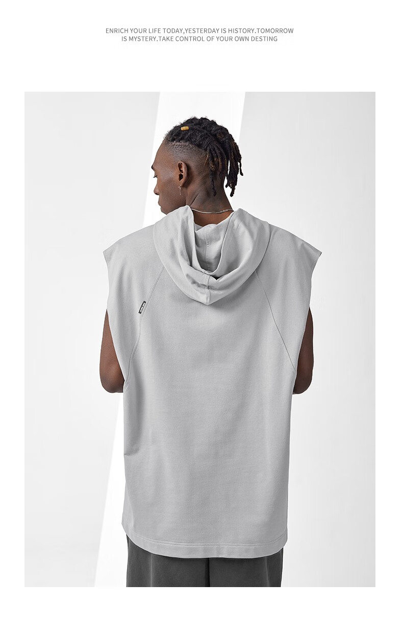 bodydream夏季新款无袖帽衫纯棉针织美式休闲潮流宽松连帽背心男 灰色