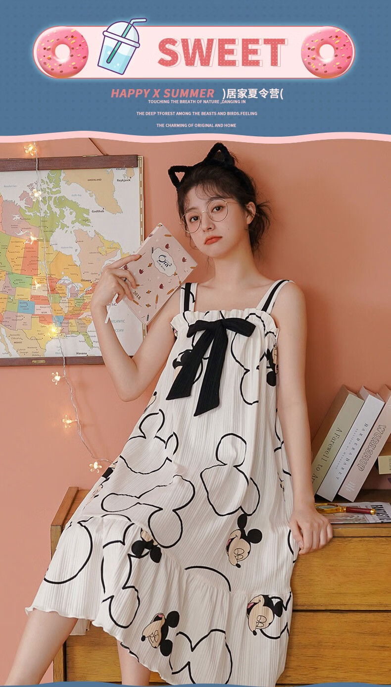 南极人睡裙女纯色棉质甜美卡通少女吊带裙印花春秋季女士睡衣家居服06
