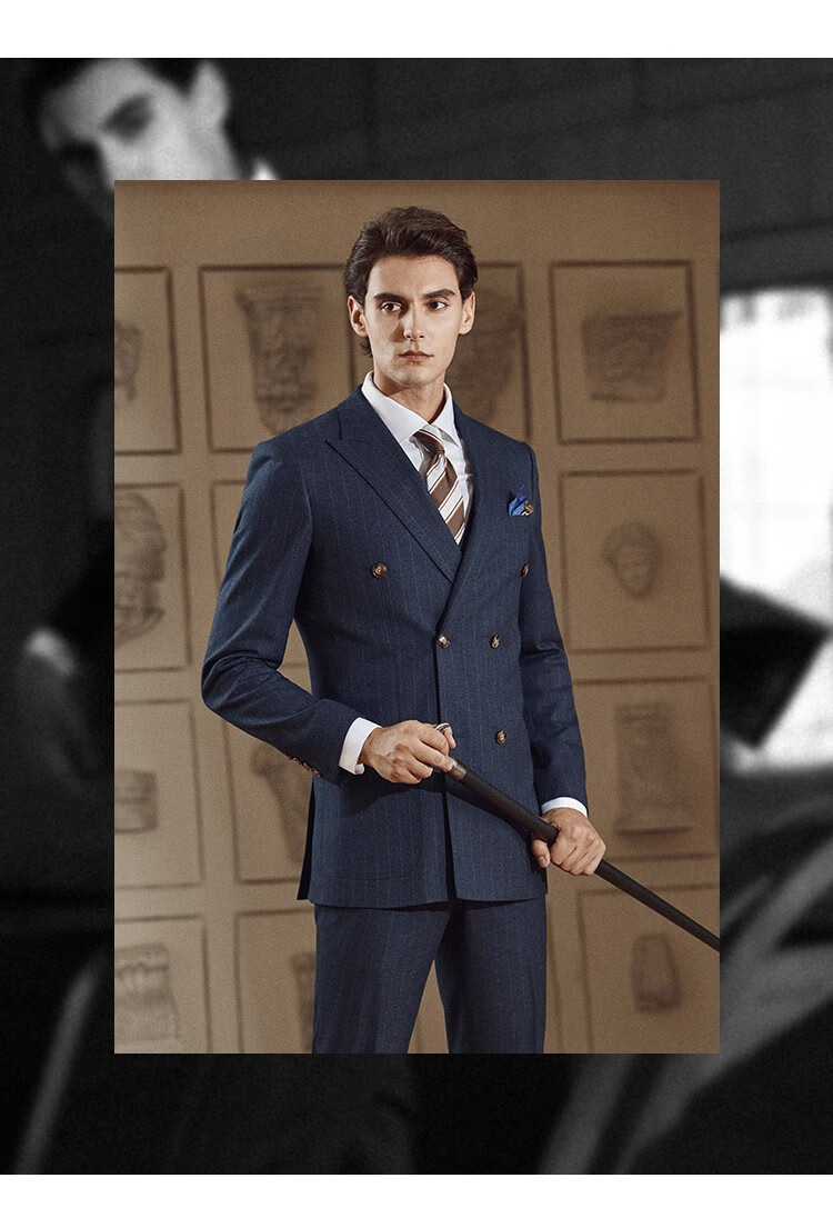 busycon西服男套装深蓝条纹双排扣戗驳领英式正装高端商务休闲宴会