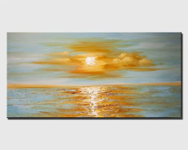 汉宫 纯手绘油画海上日出客厅装饰画沙发背景墙挂画现代轻奢风横版壁