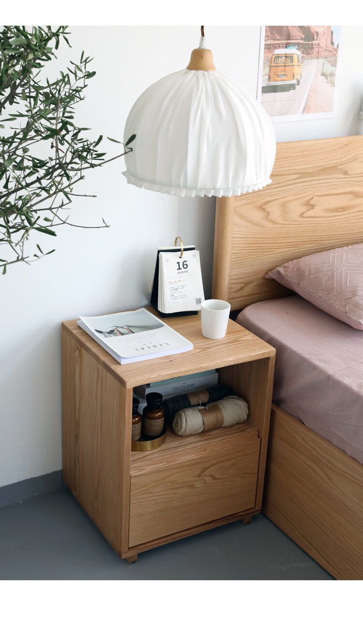 实木床头柜现代简约黑胡桃木床边收纳柜卧室床头抽屉储物柜北美红橡木