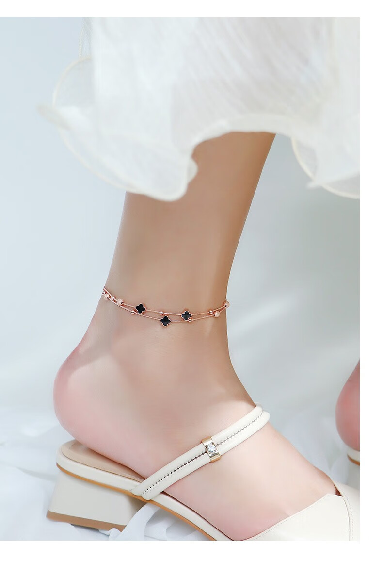 银千惠925银四叶草脚链女士款时尚简约脚饰潮流轻奢玫瑰金首饰品生日