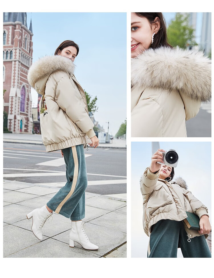 品牌派克羽绒服女2020冬装新款时尚白鸭绒刺绣连帽大毛领外套 森林绿