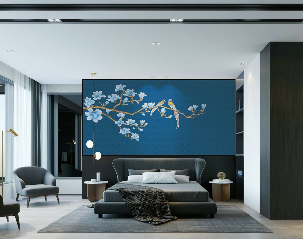 宝阁丽现代简约天鹅刺绣壁布天使之翼图案独绣中式梅花背景花鸟床头