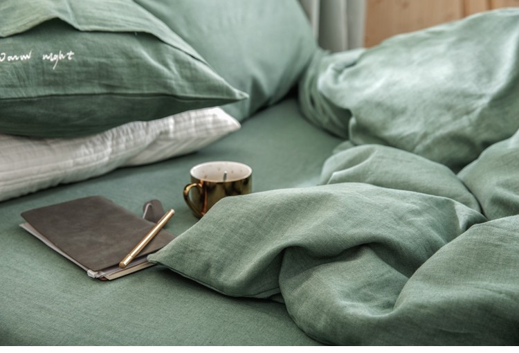 cathyladi青灰绿 民宿风60支纯棉四件套贡缎工艺日式纯色被套小刺绣床