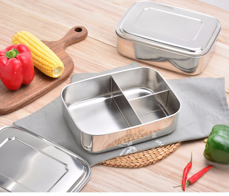 ulknn长方形三格不锈钢大饭盒日式3格便当盒分格保鲜盒 18cm新款-双扣