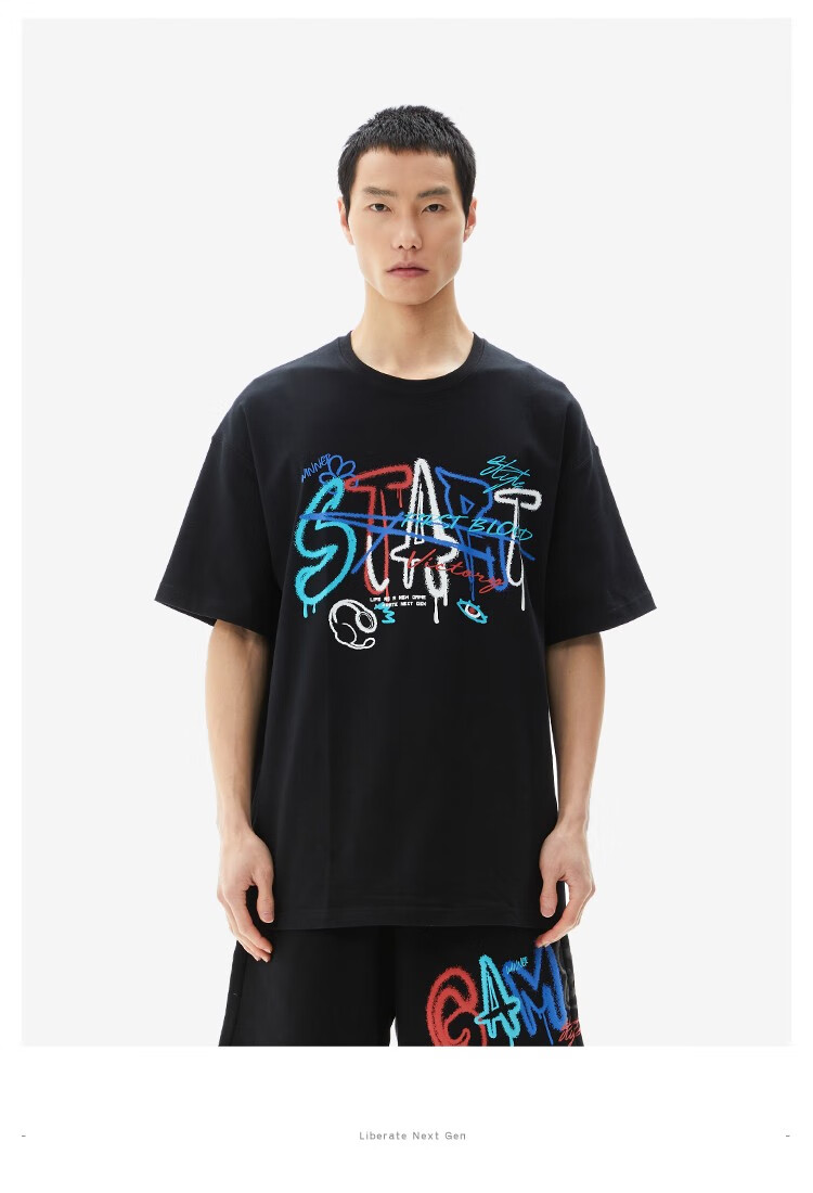 lng中国选手李宁联名夏季新款黑白字母涂鸦印花百搭短袖t恤黑色l