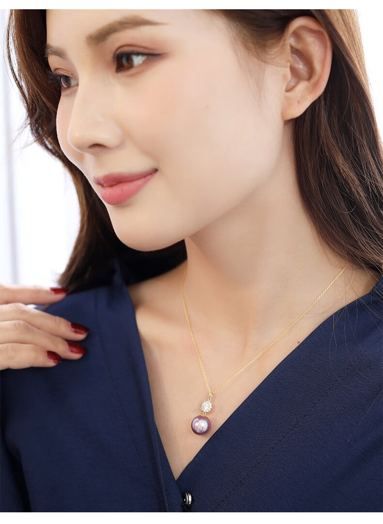 黛米珠宝妍心1213mm正圆紫色强光淡水珍珠吊坠g14k金项链1213mm