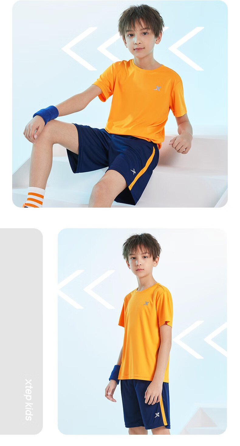 特步童装男童短袖套装儿童运动服2022夏季新款中大童运动套装珍珠白