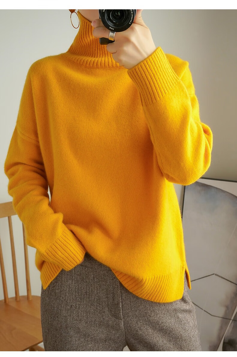 艾莱嘉斐 秋冬新款羊毛衫女高领加厚套头宽松慵懒毛衣侧开叉韩版针织