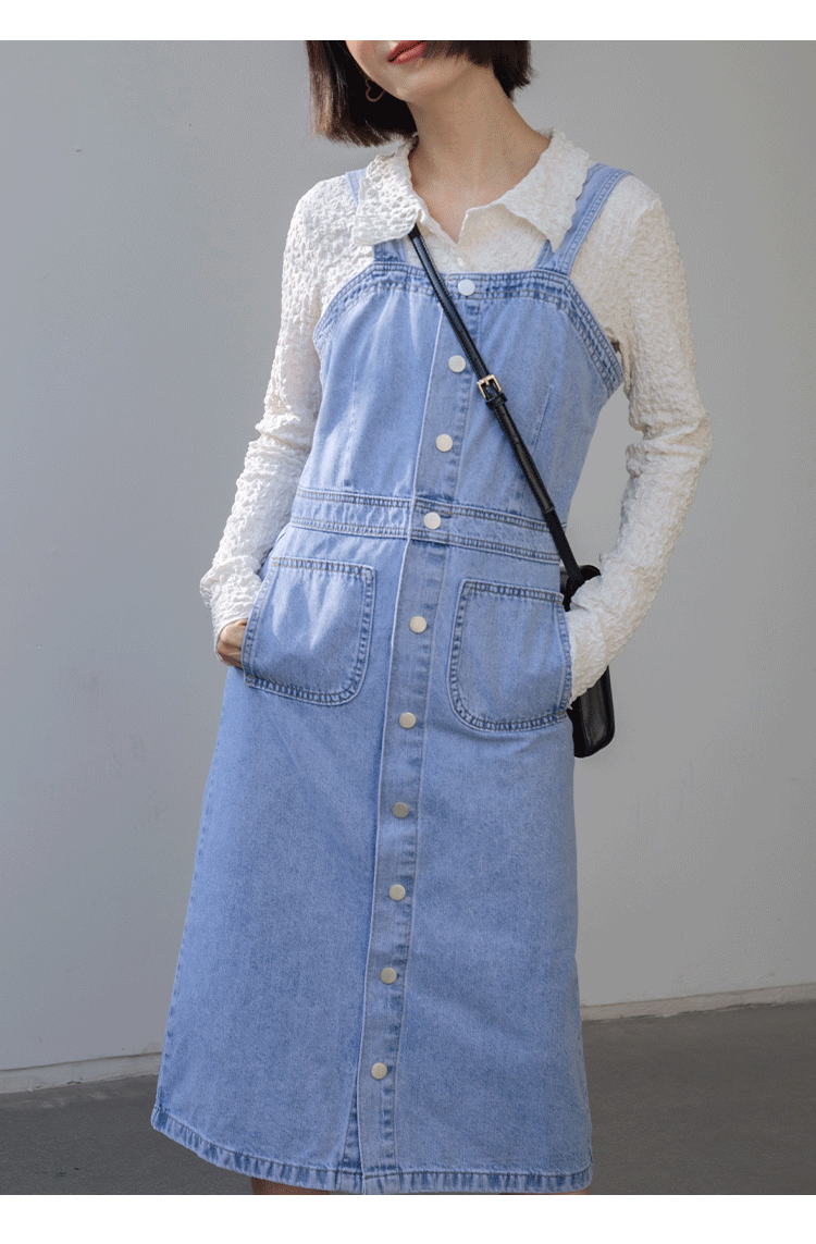 eggka蓝色牛仔背带裙女春季新款收腰显瘦吊带裙连衣裙小个子浅蓝色s