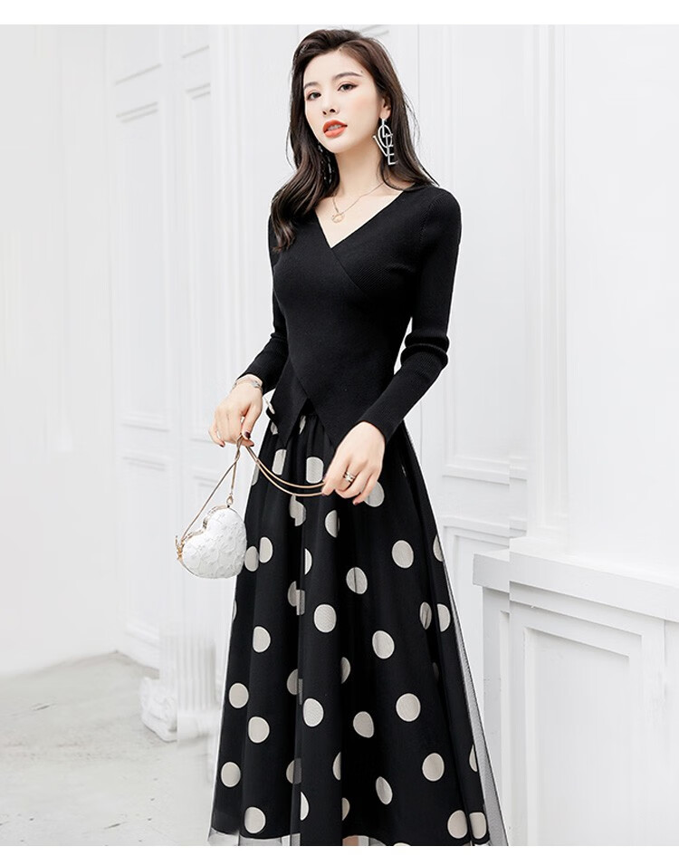 x&j品牌两件套连衣裙女2020秋装新款韩版时尚过膝中长款大波点修身