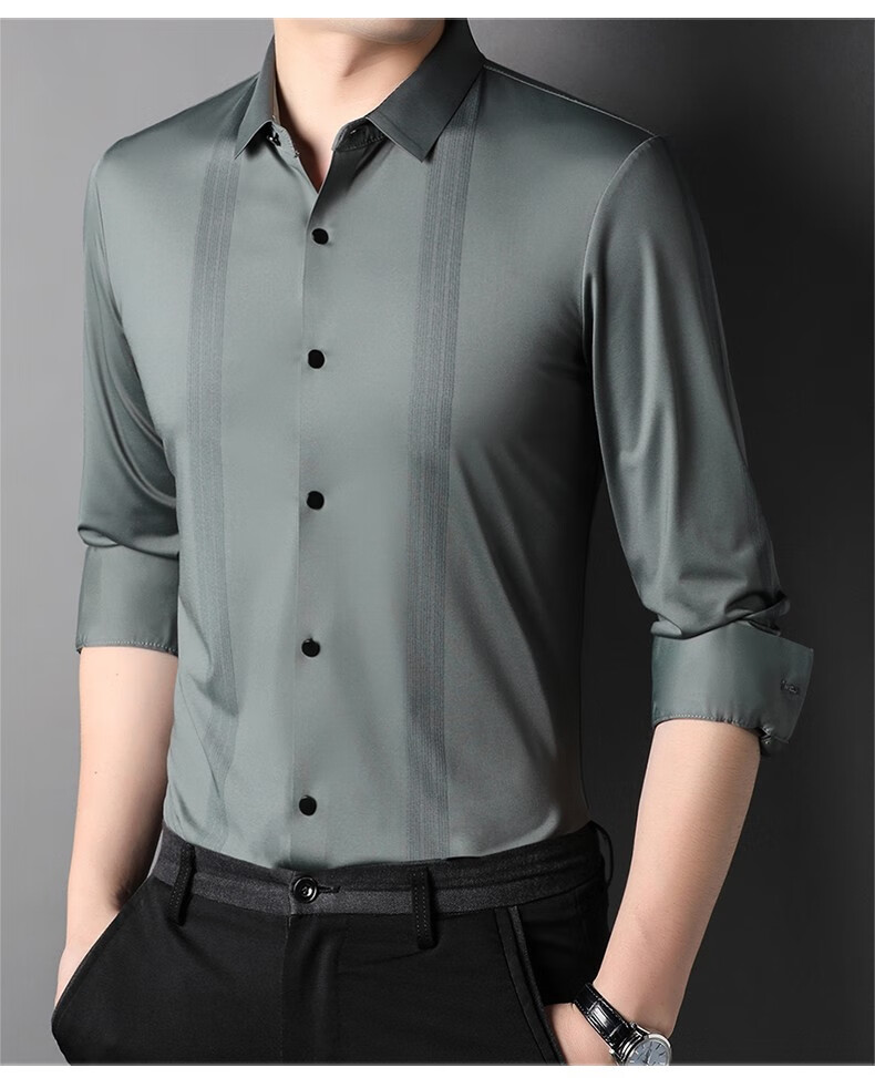 恒源祥春秋季长袖衬衫男高端冰丝商务休闲衬衣中青年男士抗皱免烫印花