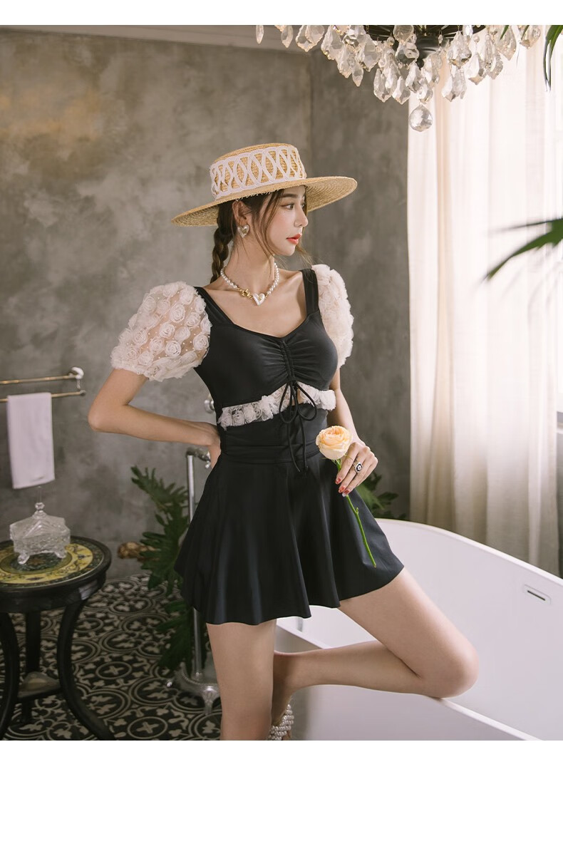 柯帛kebo泳衣女连体裙两件套式遮肚显瘦嘟嘟袖蕾丝边温泉度假游泳装