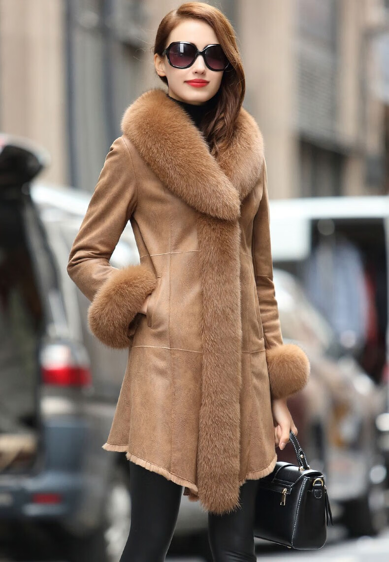 欧迪鸟品牌女装皮毛一体女装外套中长款真皮皮衣狐狸毛领皮草大衣女