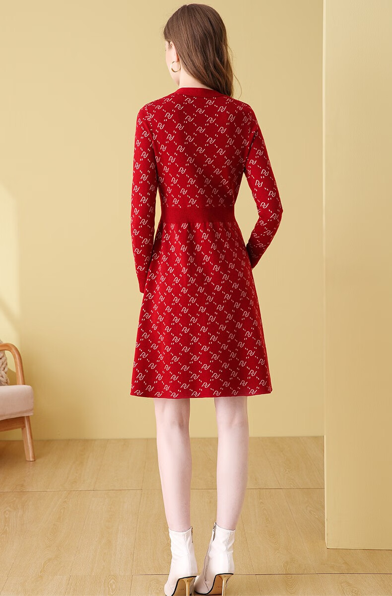 珂曼苏品牌女装气质红色羊毛打底针织连衣裙女2022年冬季新款修身显瘦